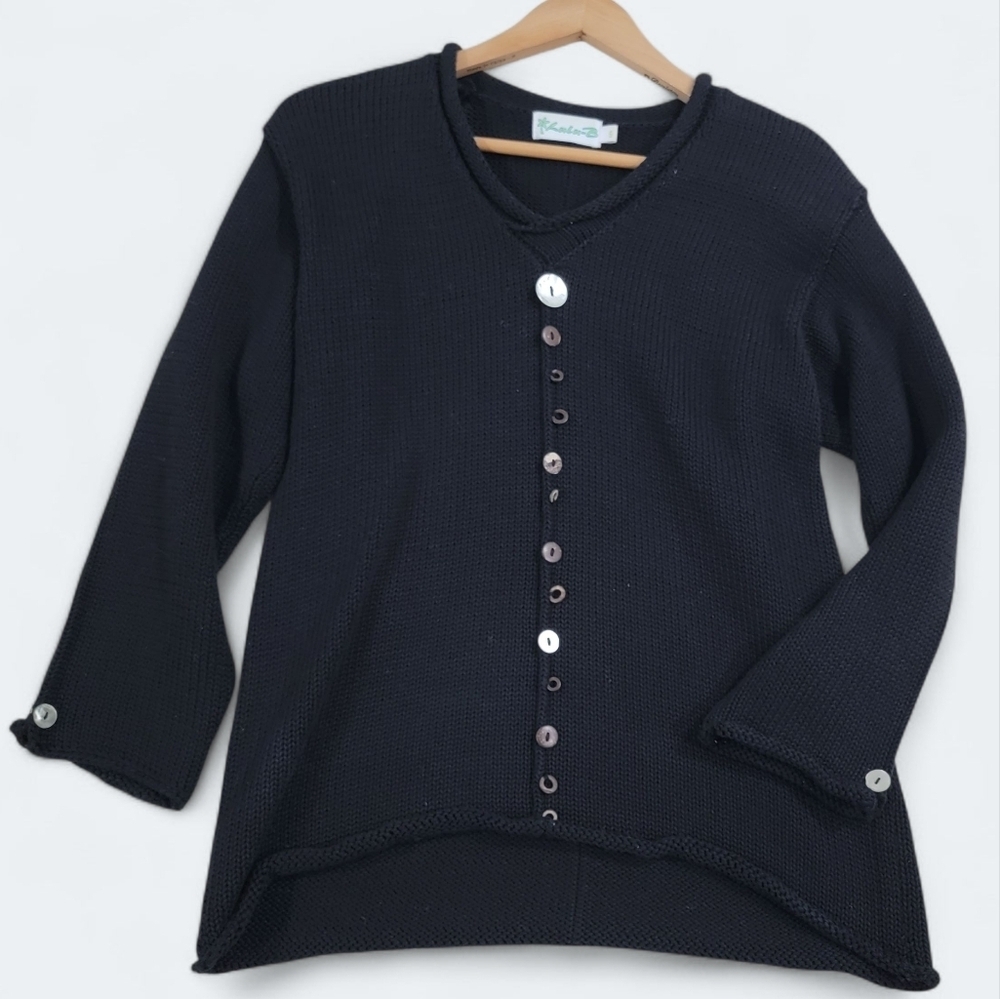 Vintage Lulu-B Black Roll-Neck Cotton Sweater Size Small Assorted Button Accents